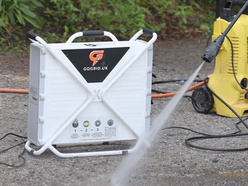 GoGrid PG3600 operating in heavy rain demonstrating IP54+ splashproof